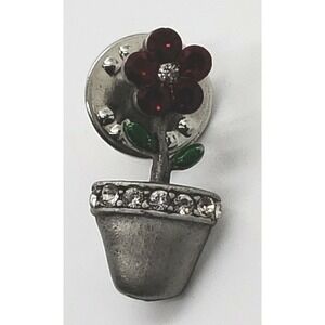 Vintage small pewter tone rhinestone red potted flower brooch lapel pin